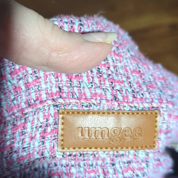 Umgee Tweed Jacket Pink/ Blue Denim Fringe Hem Cotton Hippie Festival Sz M - Picture 9 of 11